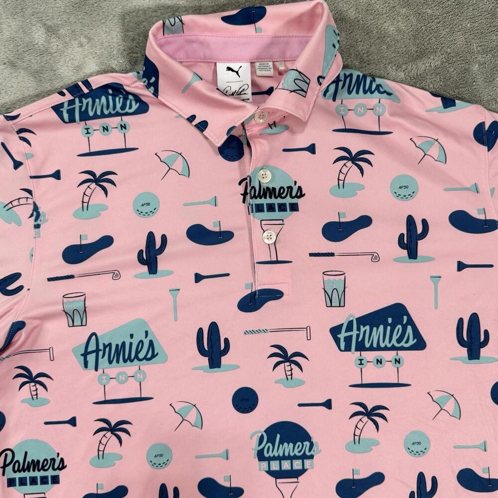 Puma Arnold Palmer Polo Shirt Mens S Cloudspun Palmers Place Golf Pink Blue
